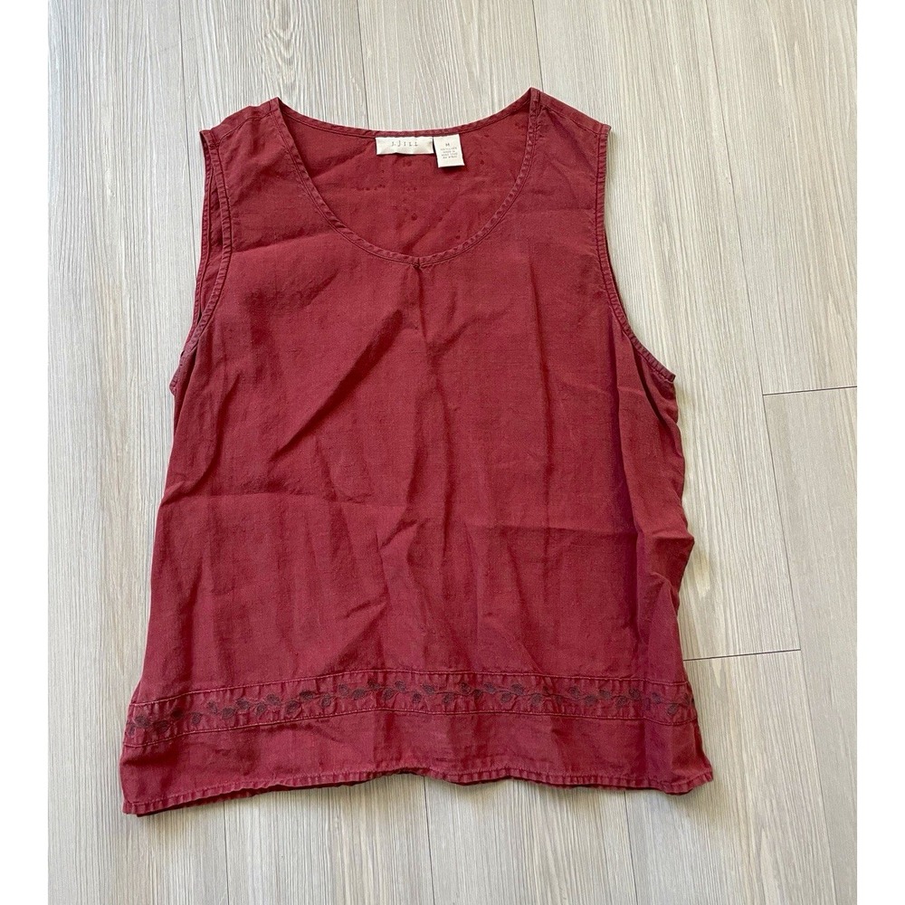 J. Jill Women's Red Linen Woven Solid Scoop Neck Embroidered Top Sz M Chic Boho